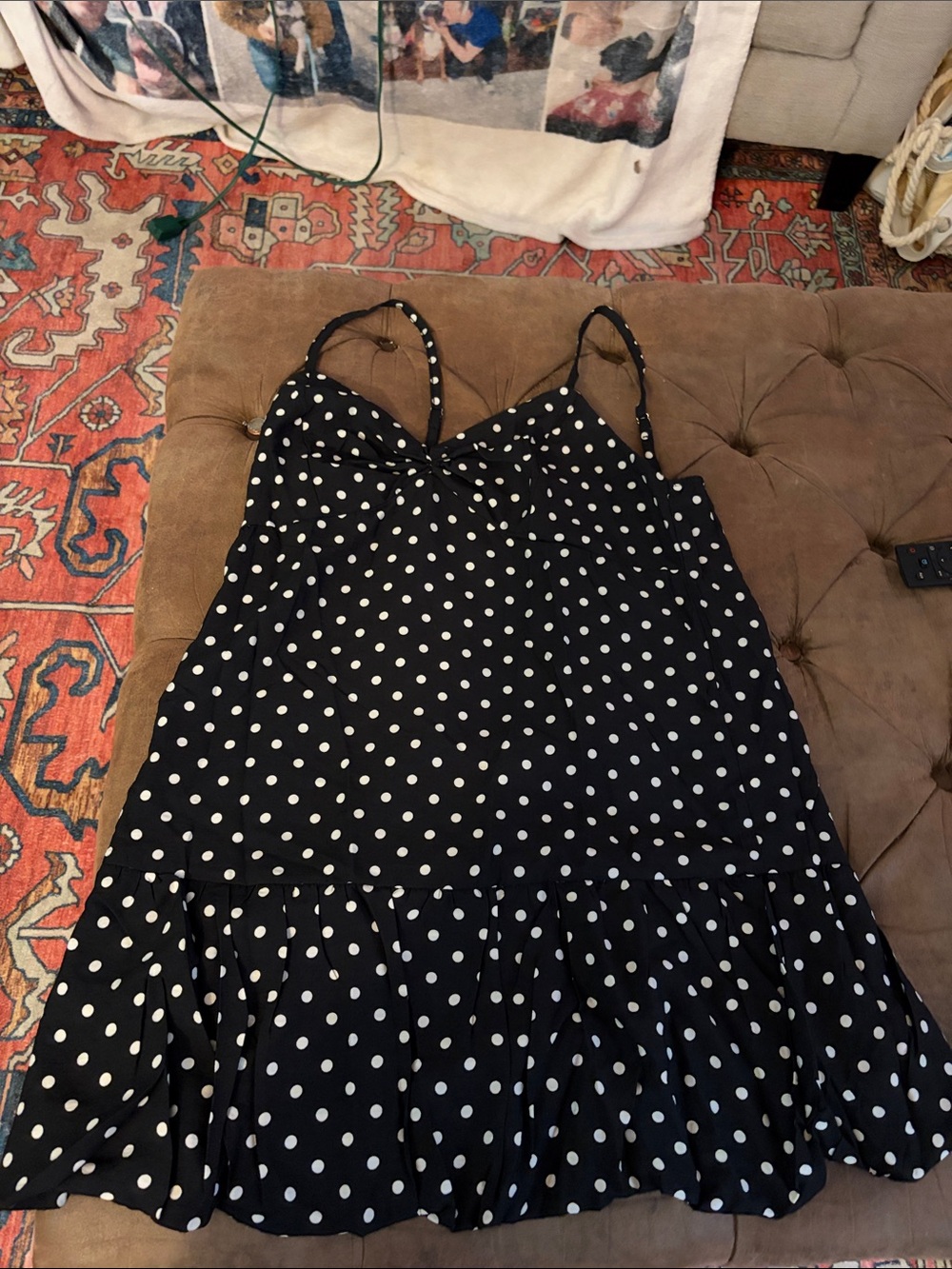 Black Polka Dot Slip Dress with Ruffle Hem